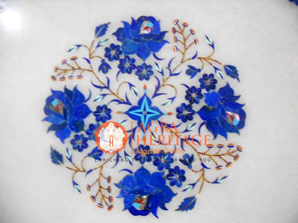 White Marble Lapis Inlay Floral Art Table Top